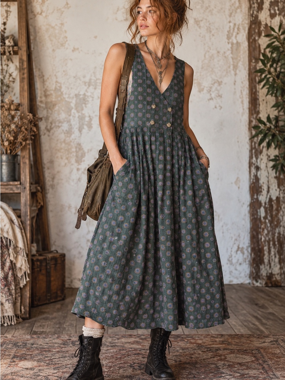 🍃 J.G. Hook Vintage Cotton Pinafore Jumper Dress Green Lagenlook Size 10